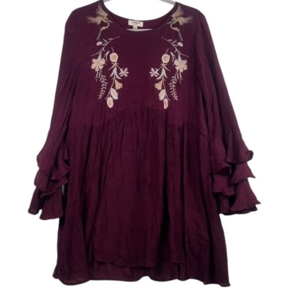 Umgee Dresses & Skirts - Umgee Burgundy Embroidered Ruffle-Sleeve Tunic Dress – Size Large